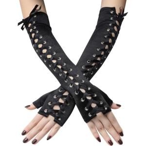 imageBABEYOND Lace Up Fingerless Gloves Long Elbow Gloves for Costume Party Laceup Arm WarmerZblack
