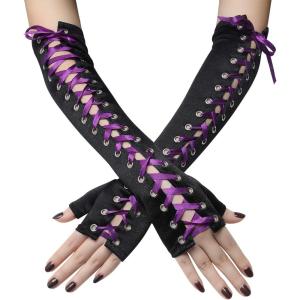 imageBABEYOND Lace Up Fingerless Gloves Long Elbow Gloves for Costume Party Laceup Arm WarmerZpurple