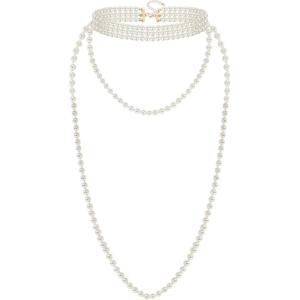 imageBABEYOND Long Pearl Choker Necklace  Faux Pearl Chain Necklace Pearl Jewelry Set for Women 20s Flapper AccessoriesSet3