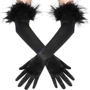 imageBABEYOND Long Satin Opera Gloves  Pageant Feather Gloves 1920s Stretchy Elbow Gloves for Halloween Costume Evening PartyBlack