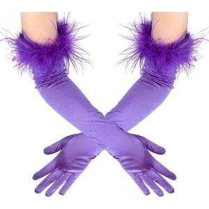 imageBABEYOND Long Satin Opera Gloves  Pageant Feather Gloves 1920s Stretchy Elbow Gloves for Halloween Costume Evening PartyPurple
