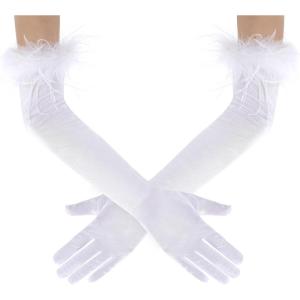 imageBABEYOND Long Satin Opera Gloves  Pageant Feather Gloves 1920s Stretchy Elbow Gloves for Halloween Costume Evening PartyWhite