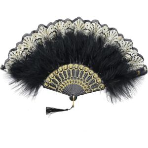 imageBABEYOND Marabou Feather Fan 20s Vintage Folding Fan Flapper Hand Fan for Costume DancingBlack