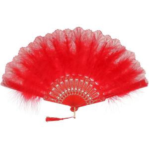 imageBABEYOND Marabou Feather Fan 20s Vintage Folding Fan Flapper Hand Fan for Costume DancingRed