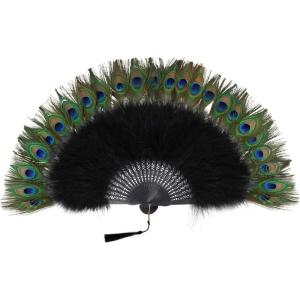 imageBABEYOND Peacock Marabou Feather Fan  Roaring 20s Vintage Style Flapper Accessories for Costume Halloween Tea PartyBlackblack Rib