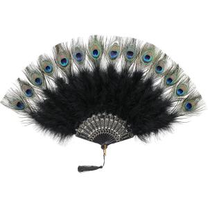 imageBABEYOND Peacock Marabou Feather Fan  Roaring 20s Vintage Style Flapper Accessories for Costume Halloween Tea PartyBlackgold Rib