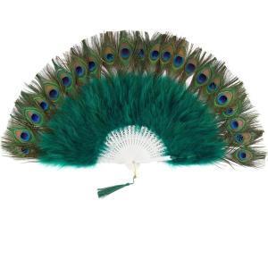 imageBABEYOND Peacock Marabou Feather Fan  Roaring 20s Vintage Style Flapper Accessories for Costume Halloween Tea PartyDark GreenWhite Rib