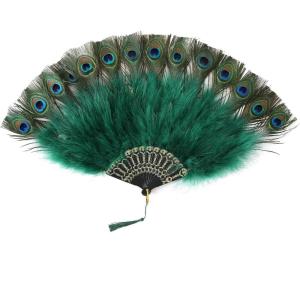 imageBABEYOND Peacock Marabou Feather Fan  Roaring 20s Vintage Style Flapper Accessories for Costume Halloween Tea PartyDark Greengold Rib