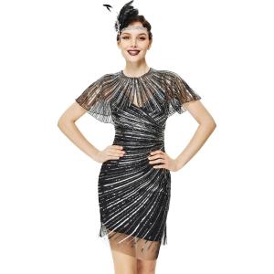 imageBABEYOND Prom Women Dress Set  1920s Gatsby Suitable Party Sequin Dress with Vintage ShawlBlack Silver