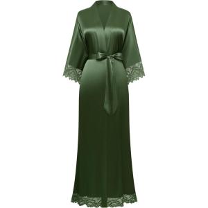 imageBABEYOND Satin Kimono Robe Silky Long Bridesmaid Wedding Lightweight Bath Robe with Lace TrimArmy Green