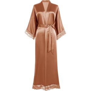 imageBABEYOND Satin Kimono Robe Silky Long Bridesmaid Wedding Lightweight Bath Robe with Lace TrimCaramel