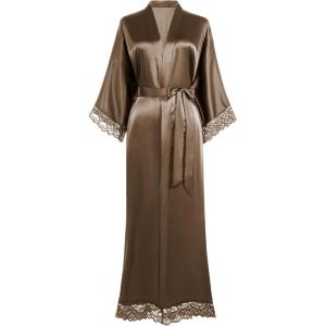 imageBABEYOND Satin Kimono Robe Silky Long Bridesmaid Wedding Lightweight Bath Robe with Lace TrimCoffee