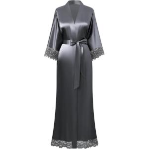 imageBABEYOND Satin Kimono Robe Silky Long Bridesmaid Wedding Lightweight Bath Robe with Lace TrimDark Gray