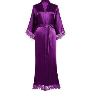 imageBABEYOND Satin Kimono Robe Silky Long Bridesmaid Wedding Lightweight Bath Robe with Lace TrimDark Purple