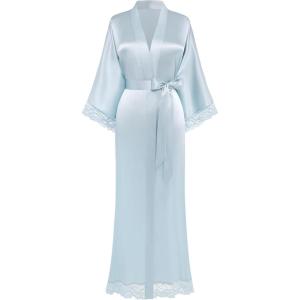 imageBABEYOND Satin Kimono Robe Silky Long Bridesmaid Wedding Lightweight Bath Robe with Lace TrimLight Blue