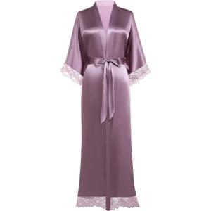 imageBABEYOND Satin Kimono Robe Silky Long Bridesmaid Wedding Lightweight Bath Robe with Lace TrimLight Purple