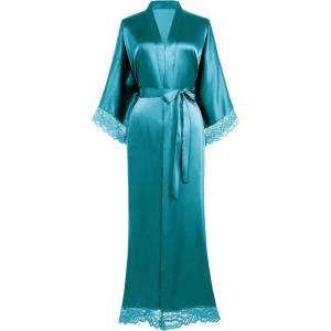 imageBABEYOND Satin Kimono Robe Silky Long Bridesmaid Wedding Lightweight Bath Robe with Lace TrimPeacock Blue