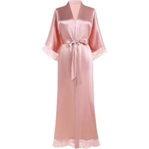 imageBABEYOND Satin Kimono Robe Silky Long Bridesmaid Wedding Lightweight Bath Robe with Lace TrimPink