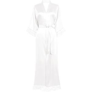 imageBABEYOND Satin Kimono Robe Silky Long Bridesmaid Wedding Lightweight Bath Robe with Lace TrimWhite