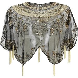 imageBABEYOND Sequin Beaded Evening Cape 1920s Fringed Shawl Wraps Wedding Bridal Shawl ScarfBlack Gold