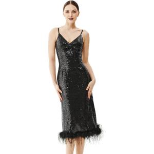 imageBABEYOND Sequin Dresses for Women  Short Dress for Party Night with Feather Trim Spaghetti Straps Club DressBlack