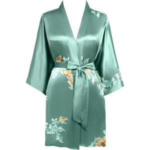 imageBABEYOND Short Kimono Bath Robe Blouse Satin Silky Kimono Cover Up Loose Cardigan Sleepwear Wedding RobeGreen
