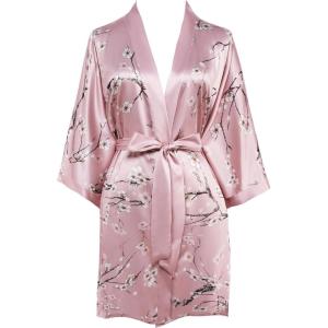 imageBABEYOND Short Kimono Bath Robe Blouse Satin Silky Kimono Cover Up Loose Cardigan Sleepwear Wedding RobePlum Blossompink
