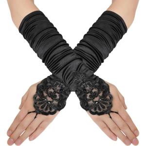 imageBABEYOND Short Opera Party 20s Fingerless Satin Gloves Tea Party Stretchy Adult Size Elbow LengthBlack