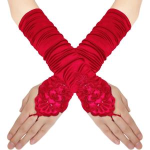 imageBABEYOND Short Opera Party 20s Fingerless Satin Gloves Tea Party Stretchy Adult Size Elbow LengthRed