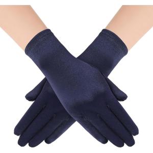 imageBABEYOND Short Satin Gloves for Women  Silk Opera Wedding Bridal Gloves Tea Party Banquet Costume 1920s Flapper AccessoriesNavy Blue