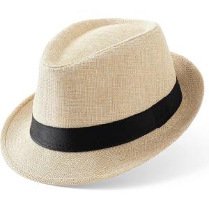 imageBABEYOND Straw Trilby Fedora Hat for Men1920s Felt Panama Hat Short Brim Summer Cap with RibbonAbeige