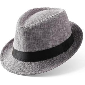 imageBABEYOND Straw Trilby Fedora Hat for Men1920s Felt Panama Hat Short Brim Summer Cap with RibbonAgray