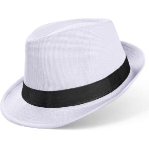 imageBABEYOND Straw Trilby Fedora Hat for Men1920s Felt Panama Hat Short Brim Summer Cap with RibbonAwhite