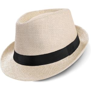 imageBABEYOND Straw Trilby Fedora Hat for Men1920s Felt Panama Hat Short Brim Summer Cap with RibbonUbeige