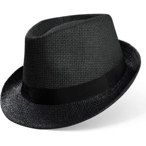 imageBABEYOND Straw Trilby Fedora Hat for Men1920s Felt Panama Hat Short Brim Summer Cap with RibbonUblack