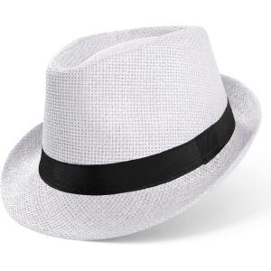 imageBABEYOND Straw Trilby Fedora Hat for Men1920s Felt Panama Hat Short Brim Summer Cap with RibbonUwhite