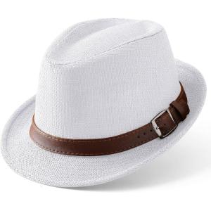 imageBABEYOND Straw Trilby Fedora Hat for Men1920s Felt Panama Hat Short Brim Summer Cap with RibbonWwhite