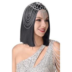 imageBABEYOND Vintage Style Roaring 20s Crystal Rhinestone Flapper Cap Headpiece Head Jewelry ChainsSilver
