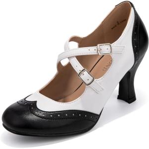 imageBABEYOND Women Mary Jane Shoes  Oxford Closed Toe Dress Pumps Retro Ballroom Dance Shoes Heels with Ankle Strap for Party Wedding