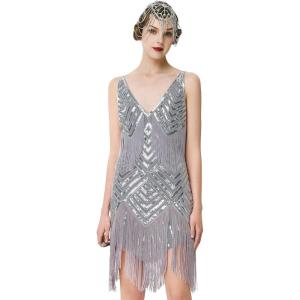 imageBABEYOND Womens 1920s Flapper Dress V Neck Slip Dress Roaring 20s Great Gatsby Dress for PartyLight Gray