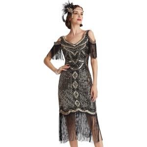 imageBABEYOND Womens 1920s Flapper Dress Vintage Long Fringe Dress Roaring 20s Sequins Beaded DressBlackgold