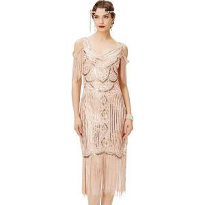 imageBABEYOND Womens 1920s Flapper Dress Vintage Long Fringe Dress Roaring 20s Sequins Beaded DressRosegold