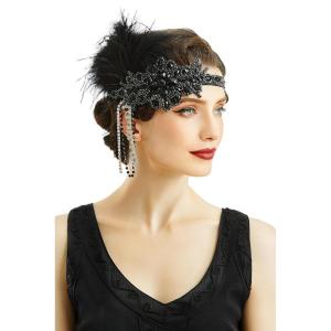 imageBABEYOND Womens 1920s Headband Flapper Feather Headpiece with Chain Roaring 20s Gatsby Themed Party Hair AccessoryBlack