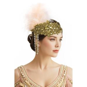 imageBABEYOND Womens 1920s Headband Flapper Feather Headpiece with Chain Roaring 20s Gatsby Themed Party Hair AccessoryChampagne Gold