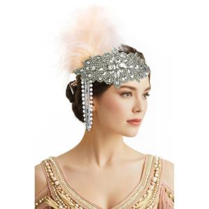imageBABEYOND Womens 1920s Headband Flapper Feather Headpiece with Chain Roaring 20s Gatsby Themed Party Hair AccessoryChampagne Silver