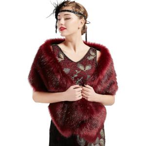 imageBABEYOND Womens Faux Fur Collar Shawl Faux Fur Scarf Wrap Evening Cape for Winter CoatWine Red