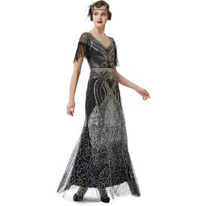 imageBABEYOND Womens Flapper Dress 1920s VNeck Evening Gown Sequin Beaded Maxi Dress for Wedding Black GoldBlack Gold