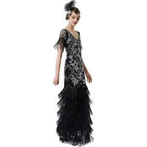 imageBABEYOND Womens Flapper Dress 1920s VNeck Evening Gown Sequin Beaded Maxi Dress for Wedding Black GoldBlack Silver