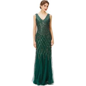 imageBABEYOND Womens Flapper Dress 1920s VNeck Evening Gown Sequin Beaded Maxi Dress for Wedding Green GoldGreen Gold