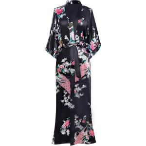 imageBABEYOND Womens Kimono Robe Long Satin Robes with Peacock and Blossoms Printed Kimono NightgownBlack